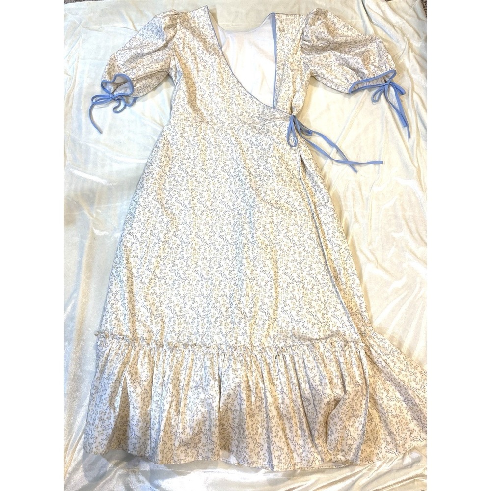 Dondolo Floral Wrap Maxi Dress Puff Sleeve Embroidered Collar Cottagecore Size M - Picture 10 of 15